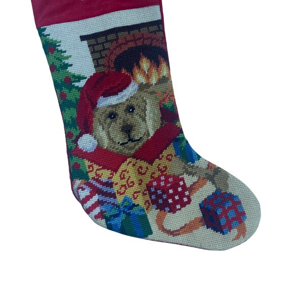 Vintage Needlepoint Christmas Stocking Yellow Lab Doodle Dog Monogram Max - Picture 3 of 7